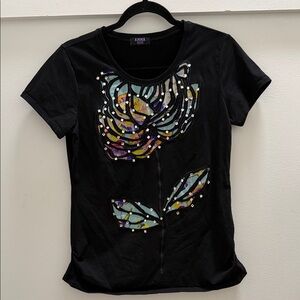 Anna Sui Black Short-Sleeve Tee with Multicolor Floral Appliqué